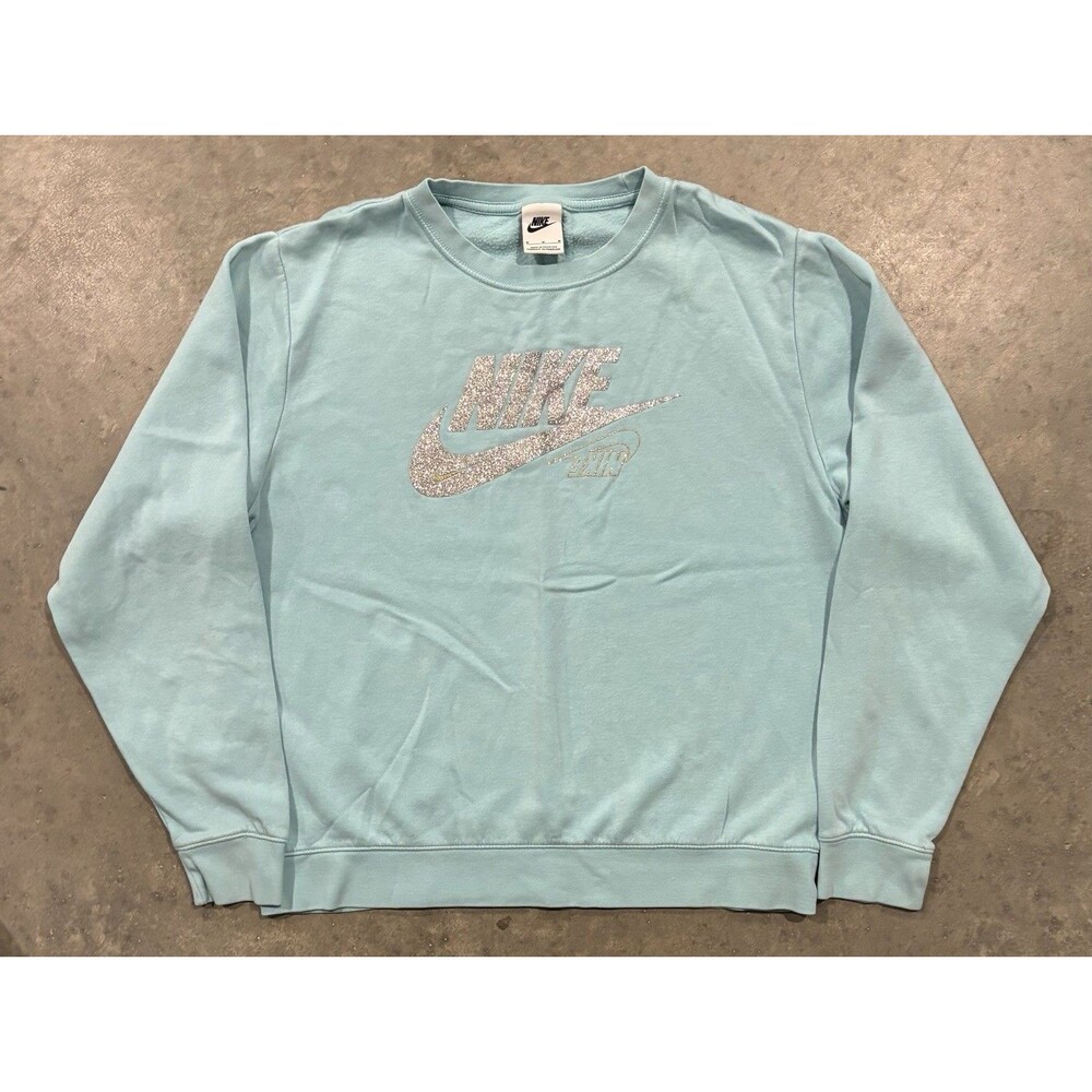 NIKE Womens Medium Glitter Logo Ice Blue Lightweight Sweatshirt Work Out